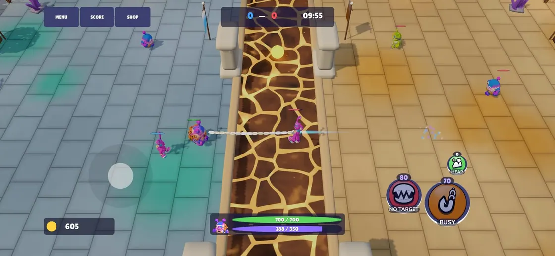 Catchy on iPhone: a hook flies across the giraffe-print river between two fighters at 09:55, with the score at 0 to 0.