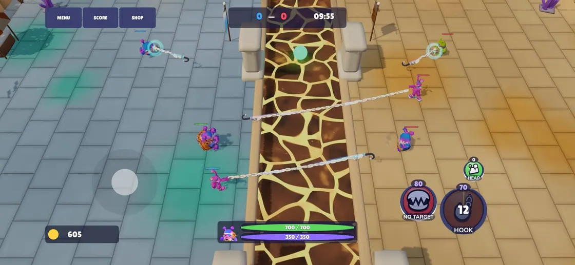 Catchy on iPhone: hook lines cross the river between rivals, with the health bar, 605 gold and the hook button on screen.