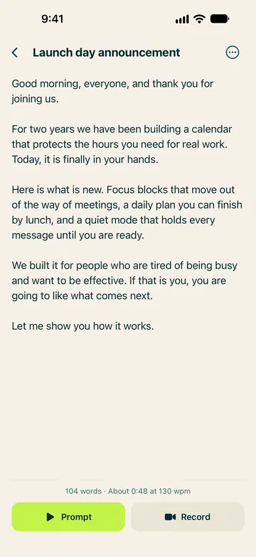 Script editor for Launch day announcement: the text, a word count, and Prompt and Record buttons.