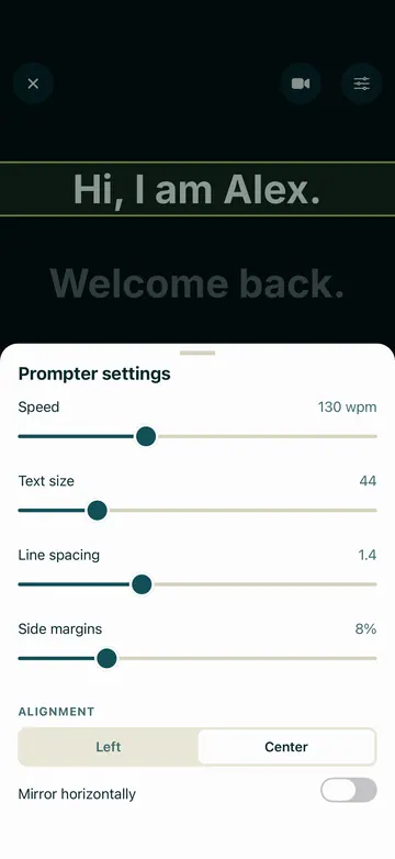 Prompter settings sheet over the prompter: speed, text size, line spacing, side margins, alignment and a mirror switch.