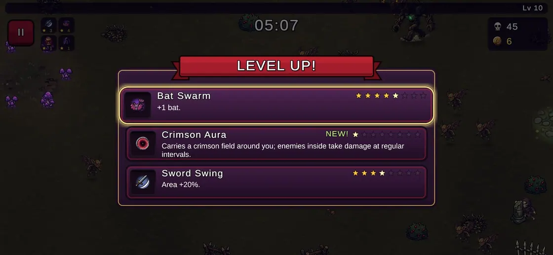 Level Up screen offering three upgrades: Bat Swarm, a Crimson Aura marked NEW and Sword Swing, each with star ratings.