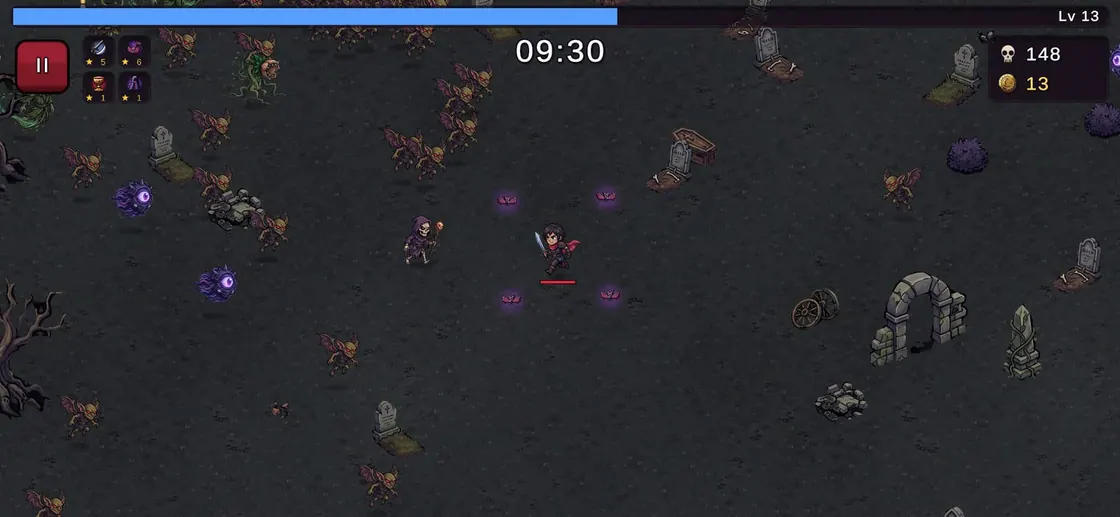 Graveyard at 09:30, level 13: bats circle the hunter as a skeleton mage and floating purple eyes close in among tombstones.