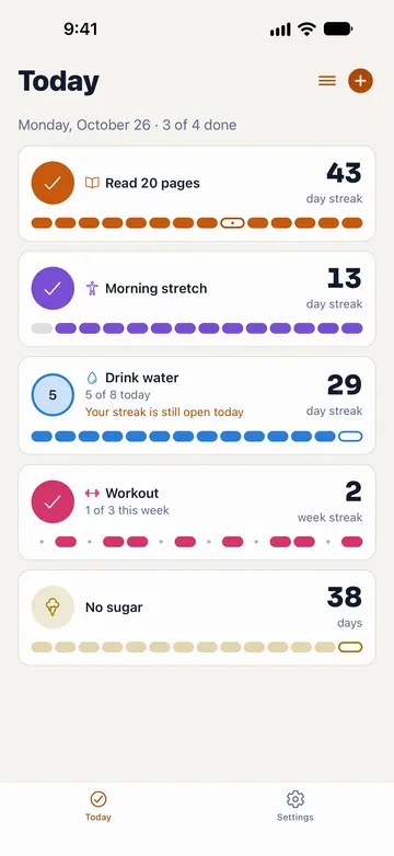 Spareday Today screen: five habits with streak counts, such as Read 20 pages at 43 days, each with a row of dots for the days done.