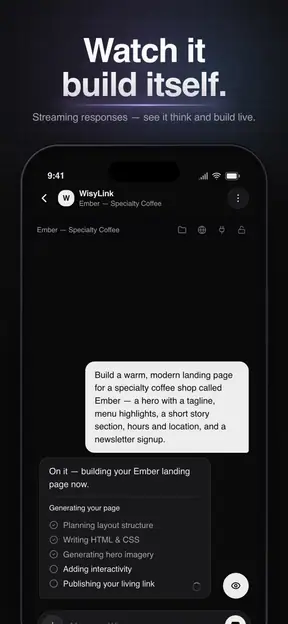 Watch it build itself: a coffee shop page prompt and the live build steps, from planning the layout to publishing.