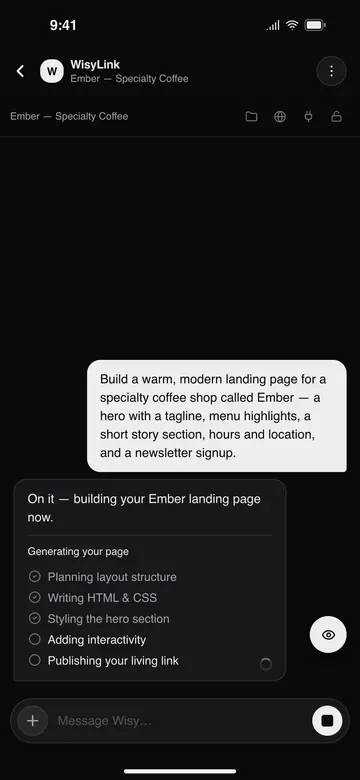 Watch it build itself: a coffee shop page prompt and the live build steps, from planning the layout to publishing.