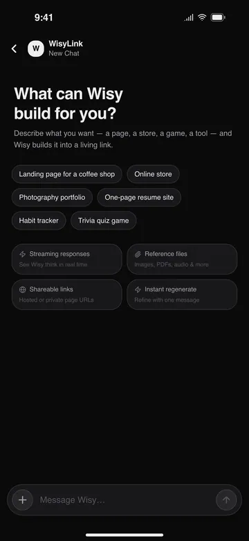 Build a live site by chat: a new chat asks what Wisy can build for you, with starter ideas such as a coffee shop page.