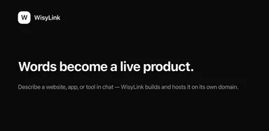 WisyLink. Words become a live product. A white W on a black tile and the line: describe a website, app or tool in chat and WisyLink builds and hosts it on its own domain.