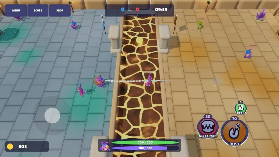 Catchy on Android: a hook flies across the giraffe-print river between two fighters at 09:55, with the score at 0 to 0.