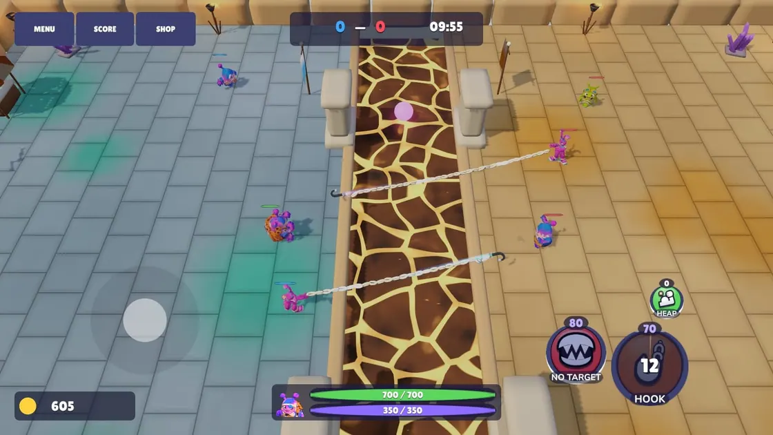Catchy on Android: hook lines cross the river between rivals, with the health bar, 605 gold and the hook button on screen.