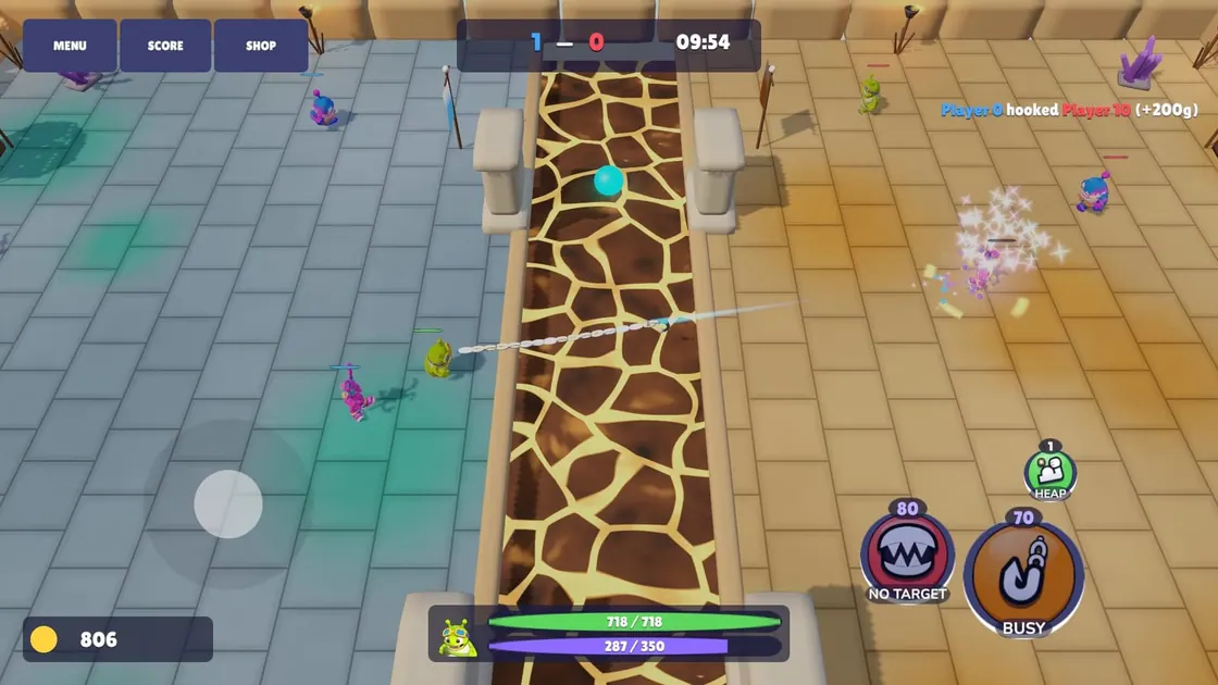 Catchy on Android: a hook lands and the score turns 1 to 0, with a pink burst on the field and +200 gold in the feed.