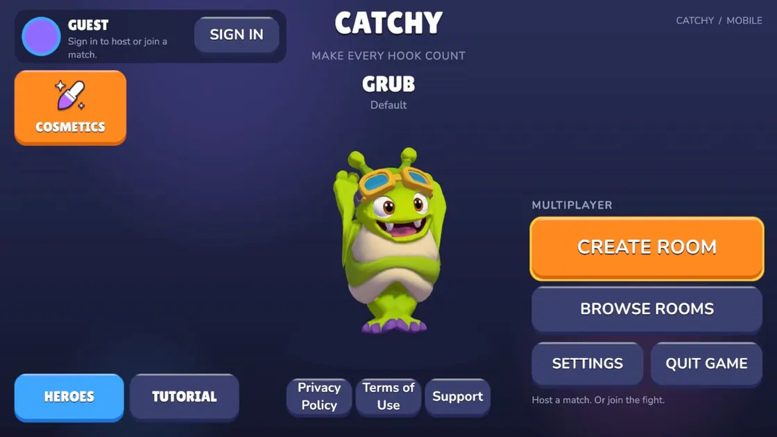 Catchy on Android: the main menu with the hero Grub, Create room, Browse rooms, Settings and Quit game, and two tabs.