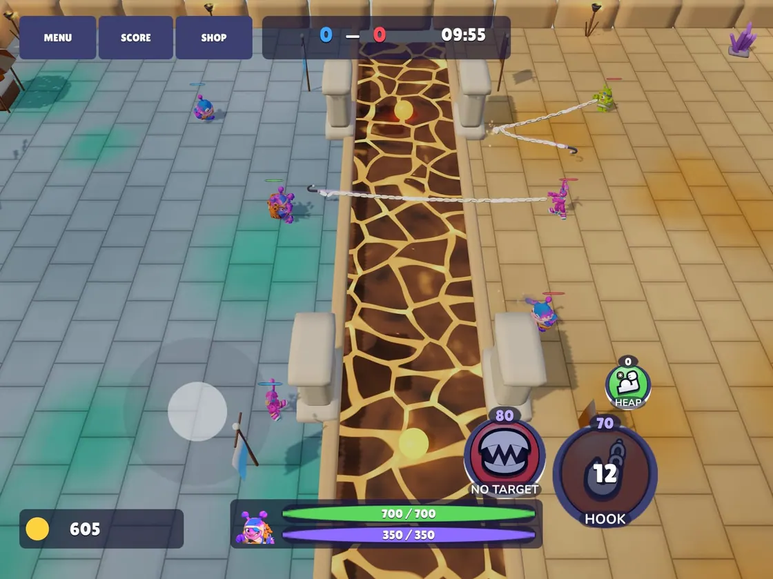 Catchy on iPad: hook lines cross the river between rivals, with the health bar, 605 gold and the hook button on screen.
