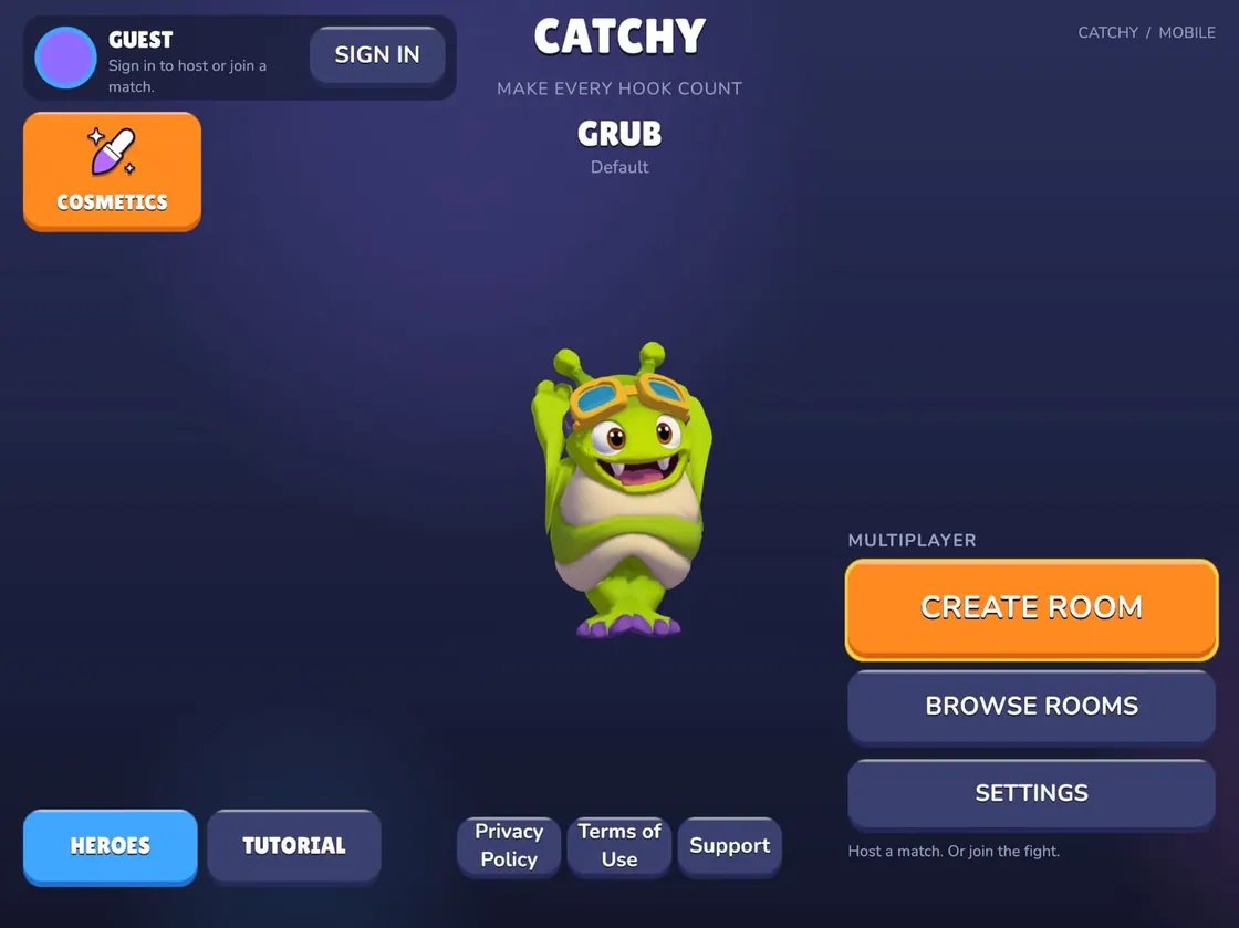 Catchy on iPad: the main menu with the hero Grub, Create room, Browse rooms and Settings, and the Heroes and Tutorial tabs.