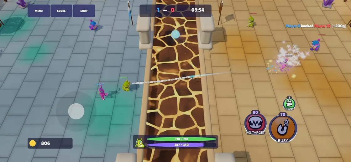 Catchy on iPhone: a hook lands and the score turns 1 to 0, with a pink burst on the field and +200 gold in the feed.