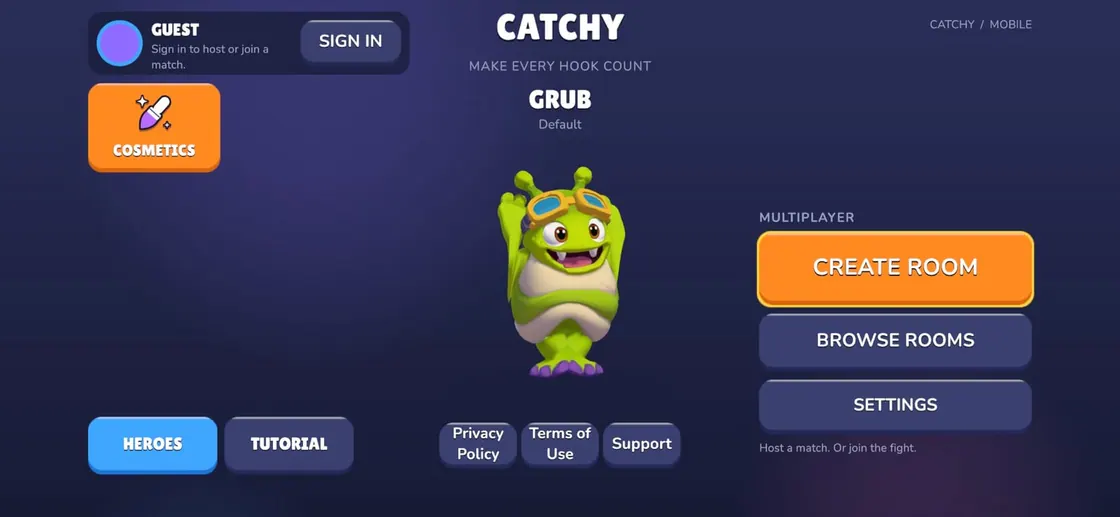 Catchy on iPhone: the main menu with the hero Grub, Create room, Browse rooms and Settings, and the Heroes and Tutorial tabs.