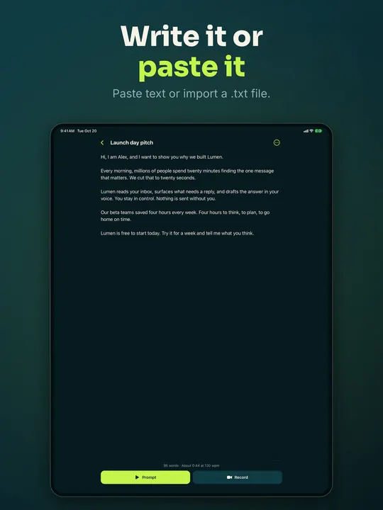 Write it or paste it: the iPad script editor shows the Launch day pitch in full, with Prompt and Record buttons.