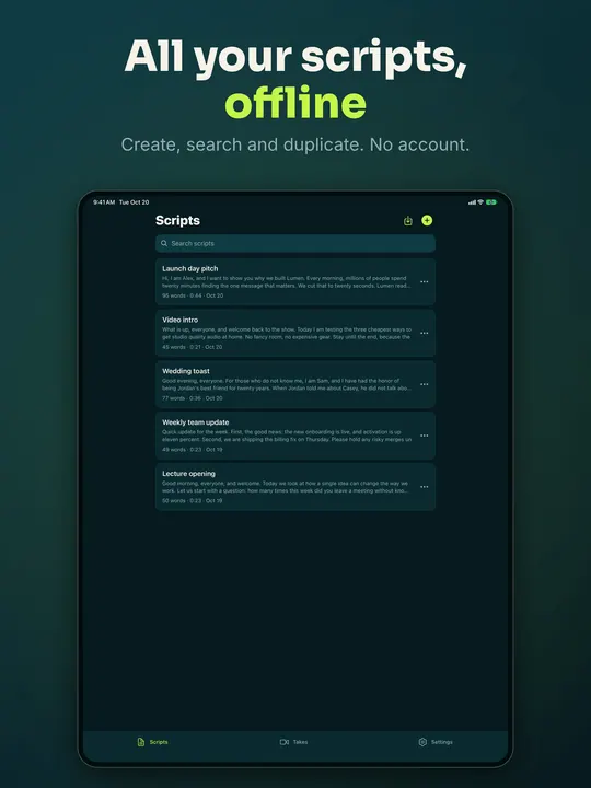 All your scripts, offline: the iPad library lists five scripts with title, preview, word count and reading time.