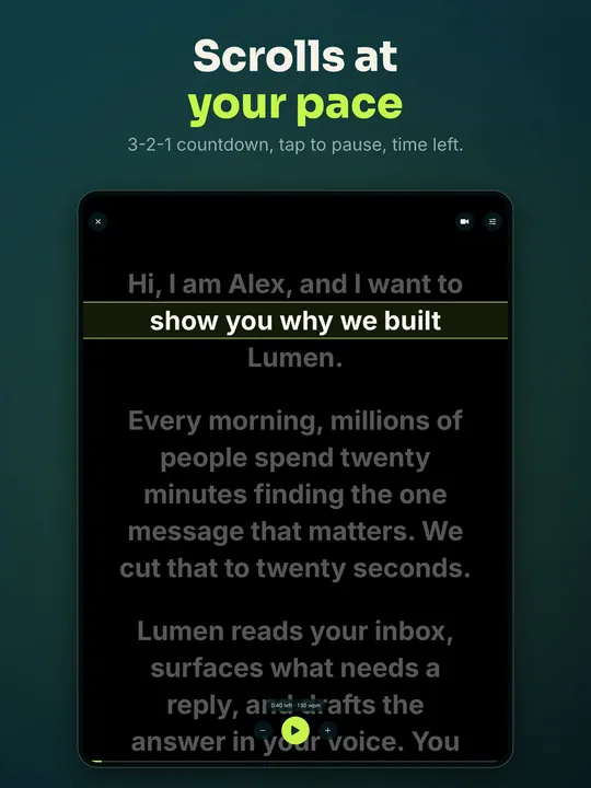 Scrolls at your pace: on iPad, very large text, the current line highlighted, time left, speed and play controls.