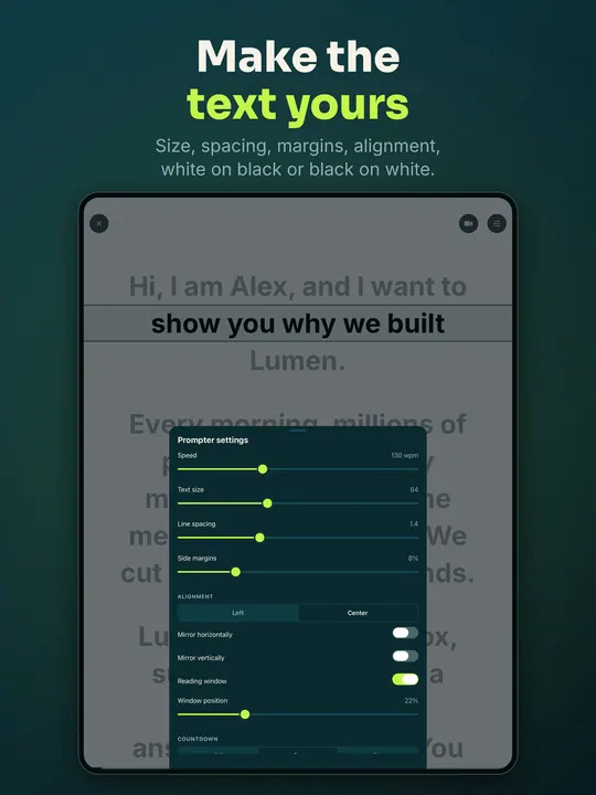 Make the text yours: iPad settings with sliders for speed, text size, line spacing and margins, plus a Mirror switch.