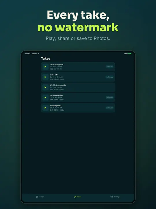 Every take, no watermark: the iPad takes list with five recordings, each with length, size and resolution.