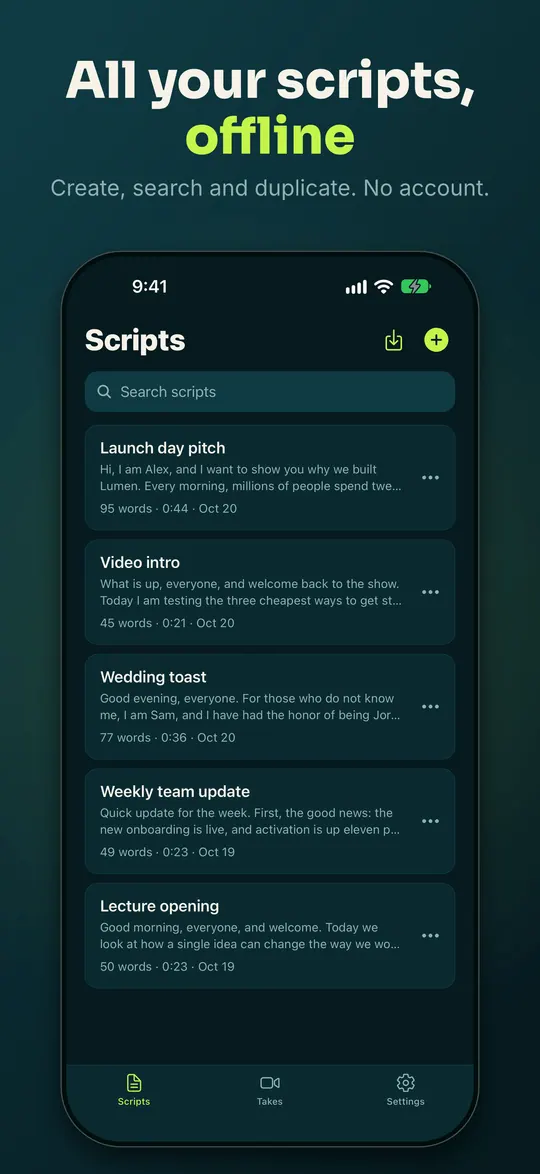 All your scripts, offline: five scripts with title, preview, word count and reading time under a search field.