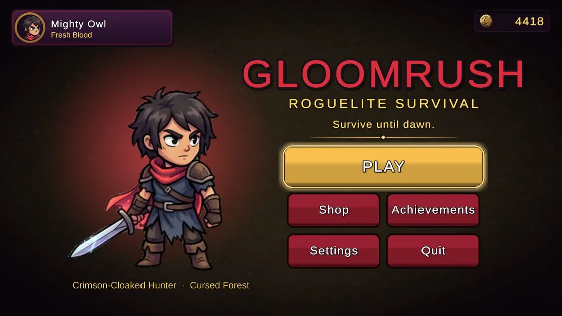 Gloomrush main menu on Android: the Crimson-Cloaked Hunter beside the Play, Shop, Achievements, Settings and Quit buttons.