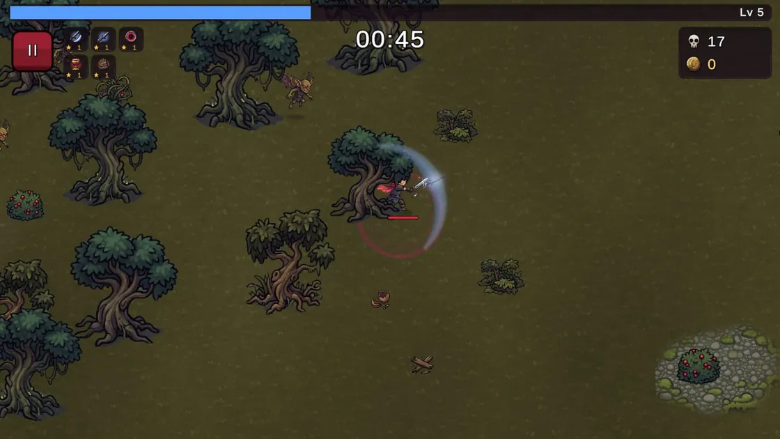 Cursed Forest at 00:45 on Android: the level 5 hunter swings a sword in a pale arc among twisted trees as an imp flies in.