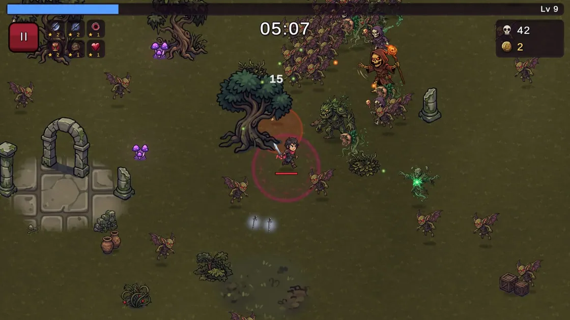 Five minutes in on Android, level 9: the hunter in a red aura ring faces imps, a hooded skeleton and a moss-covered monster.