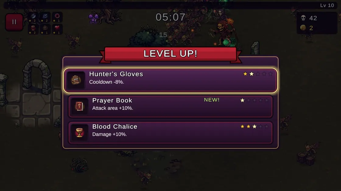 Level Up screen on Android offering Hunter's Gloves, a Prayer Book marked NEW and Blood Chalice, each with star ratings.