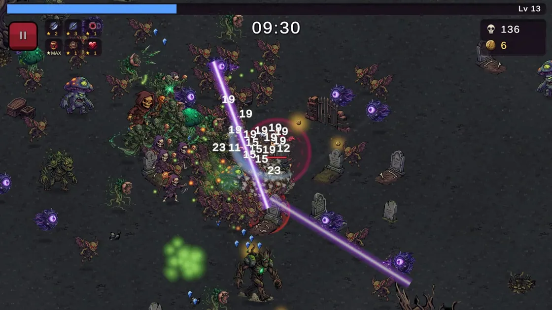 Graveyard at 09:30 on Android, level 13: two purple beams slice through a dense swarm, damage numbers everywhere.
