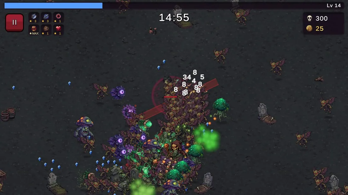 Almost 15 minutes in on Android, level 14: a dense horde piles in around the hunter amid green clouds and blue gems.