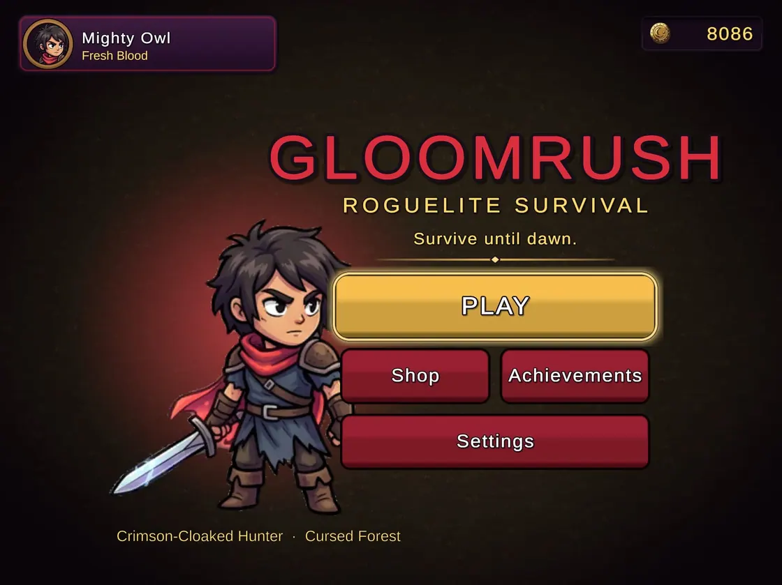 Gloomrush main menu on an iPad: the Crimson-Cloaked Hunter beside the Play, Shop, Achievements and Settings buttons.