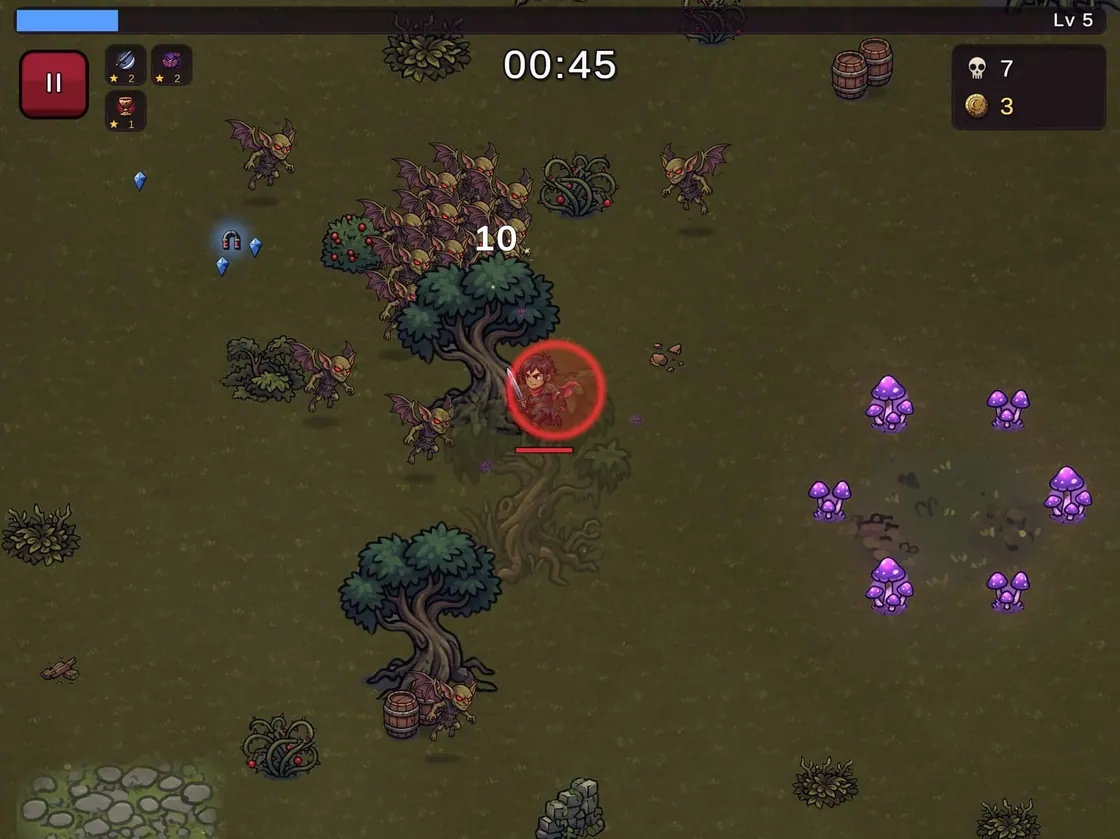 Cursed Forest on an iPad at 00:45: the level 5 hunter in a red aura ring as a cluster of winged imps closes in.