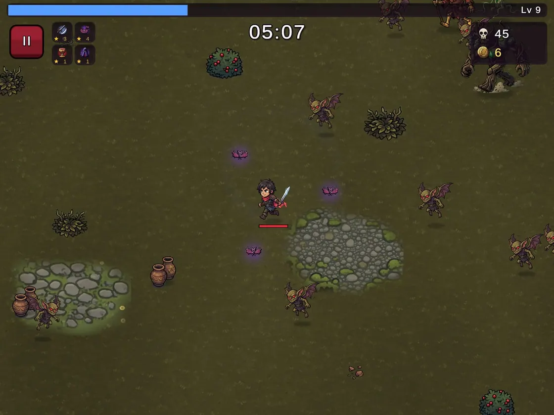 Five minutes in on an iPad, level 9: purple bats circle the hunter while imps and a moss-covered monster close in.