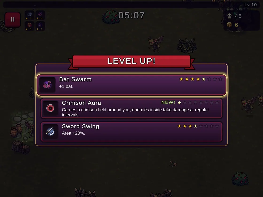 Level Up screen on an iPad offering Bat Swarm, a Crimson Aura marked NEW and Sword Swing, each with star ratings.
