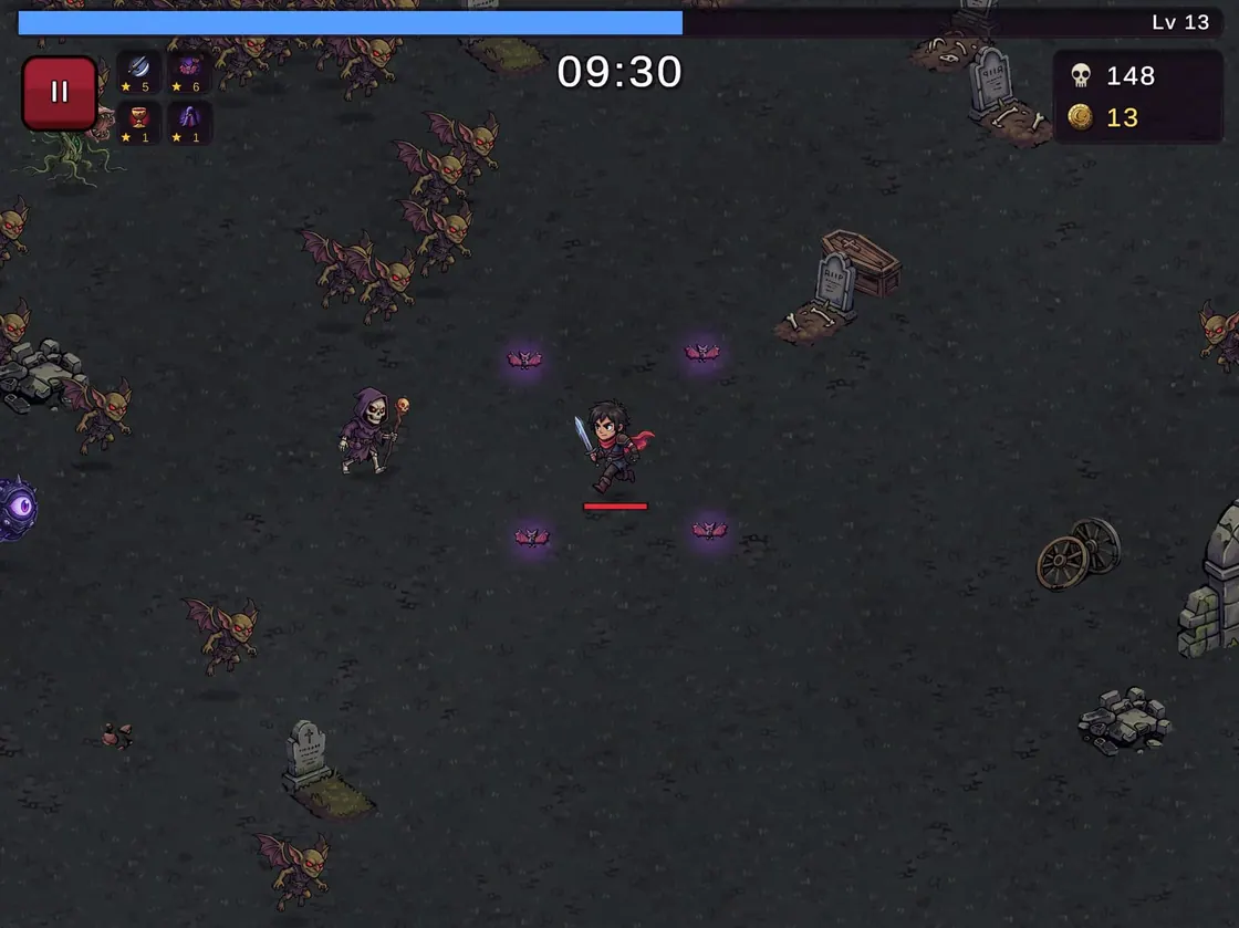 Graveyard at 09:30 on an iPad, level 13: bats circle the hunter as a skeleton mage and imps close in among tombstones.
