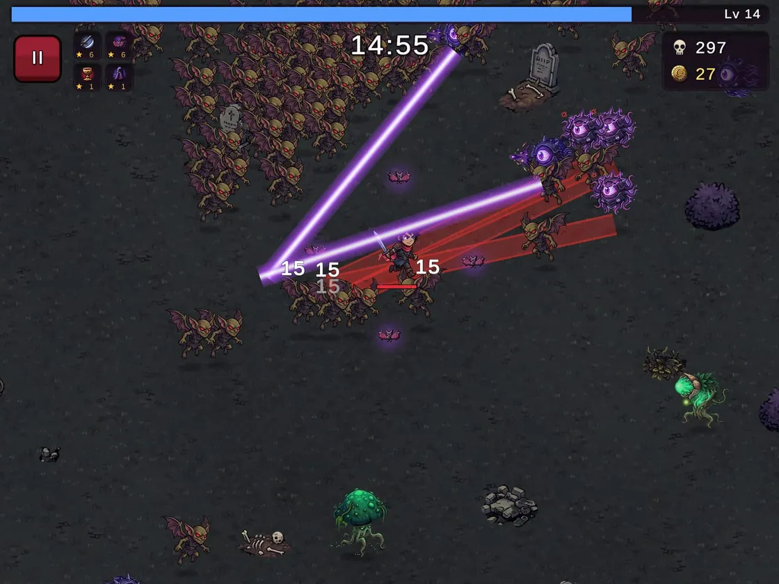 Almost 15 minutes in on an iPad, level 14: purple beams and red slashes cut through a dense horde of imps.