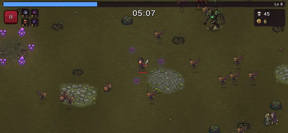 Five minutes in, level 9: purple bats circle the hunter while imps and a moss-covered monster close in across the forest.