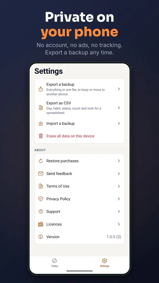 Private on your phone: Settings with Export a backup, Export as CSV, Import a backup and Erase all data on this device.
