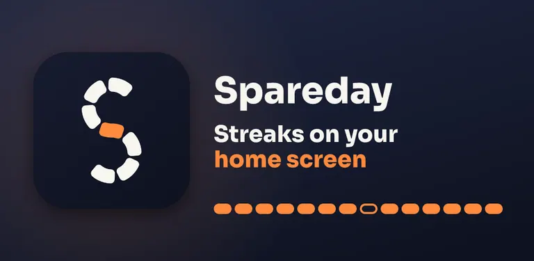 Spareday. Streaks on your home screen. The Spareday S icon beside a row of orange streak dots on a dark navy background.
