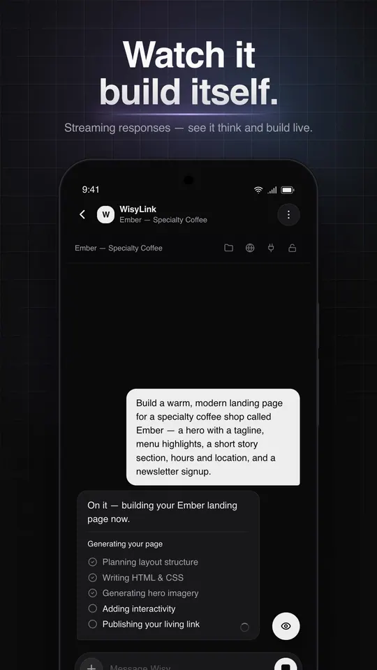 Watch it build itself: on Android, the coffee shop prompt and the live build steps from planning to publishing.