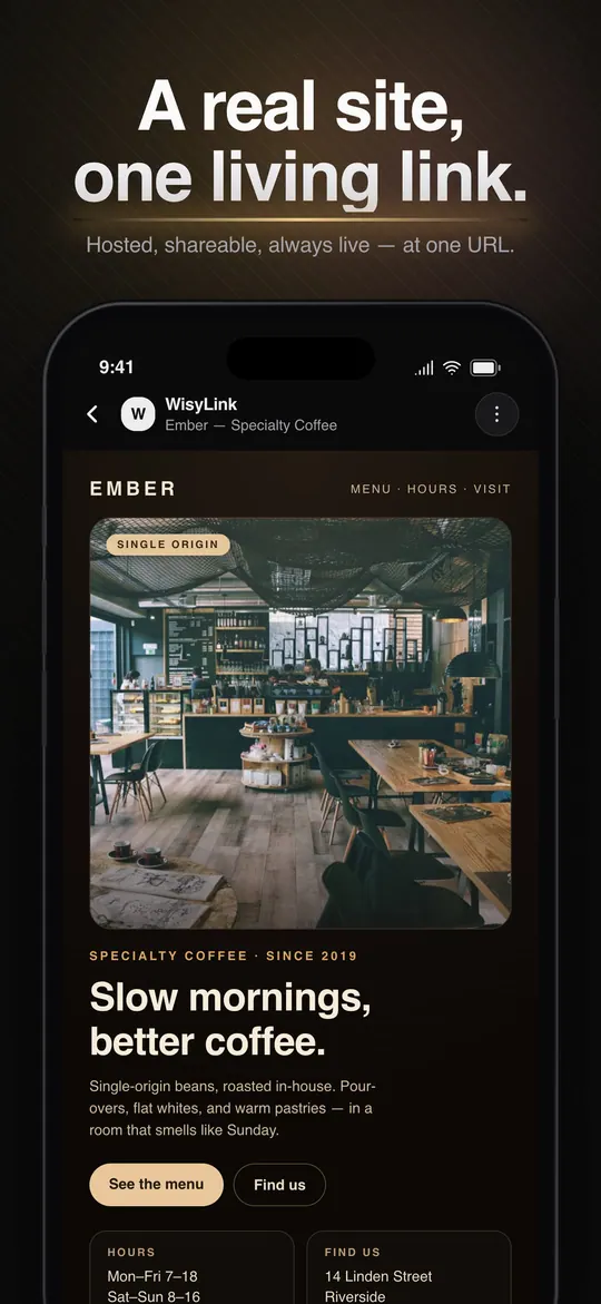 A real site, one living link: the finished Ember specialty coffee page in the app, with a photo, menu and opening hours.